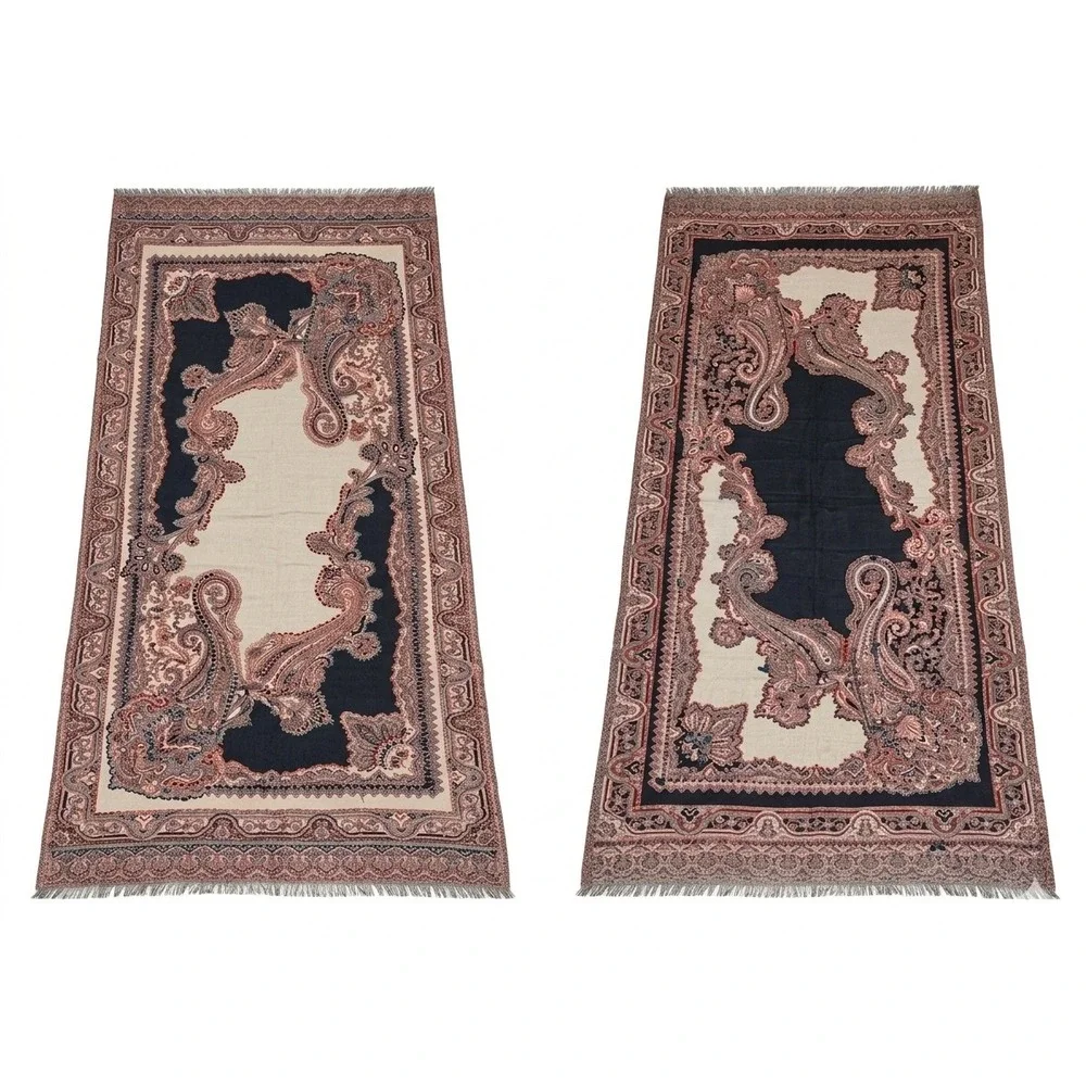 J. Jill Navy Blue Cream Paisley Oversized Wrap Scarf Viscose Rayon Fringed Shawl